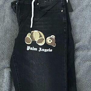 Palm Angels Black Slim Jeans with Bear Patch